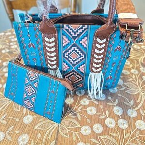Blue and Brown Geometric Tote Bag Set